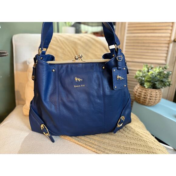Emma Fox Handbags - Emma Fox Classic Frame Large Leather Navy Blue Kiss-Lock Shoulder Satchel